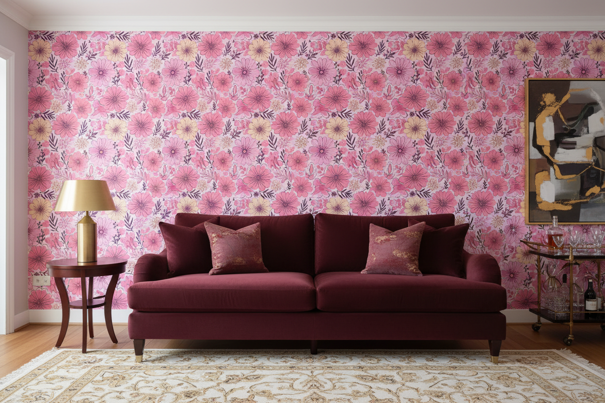 A maximalist living room featuring a bold pink dahlia floral wallpaper as a statement wall. The room is styled with a luxurious burgundy velvet sofa, a gold mushroom lamp on a dark wood side table, and a neutral patterned rug, demonstrating a sophisticated color-drenched interior design.