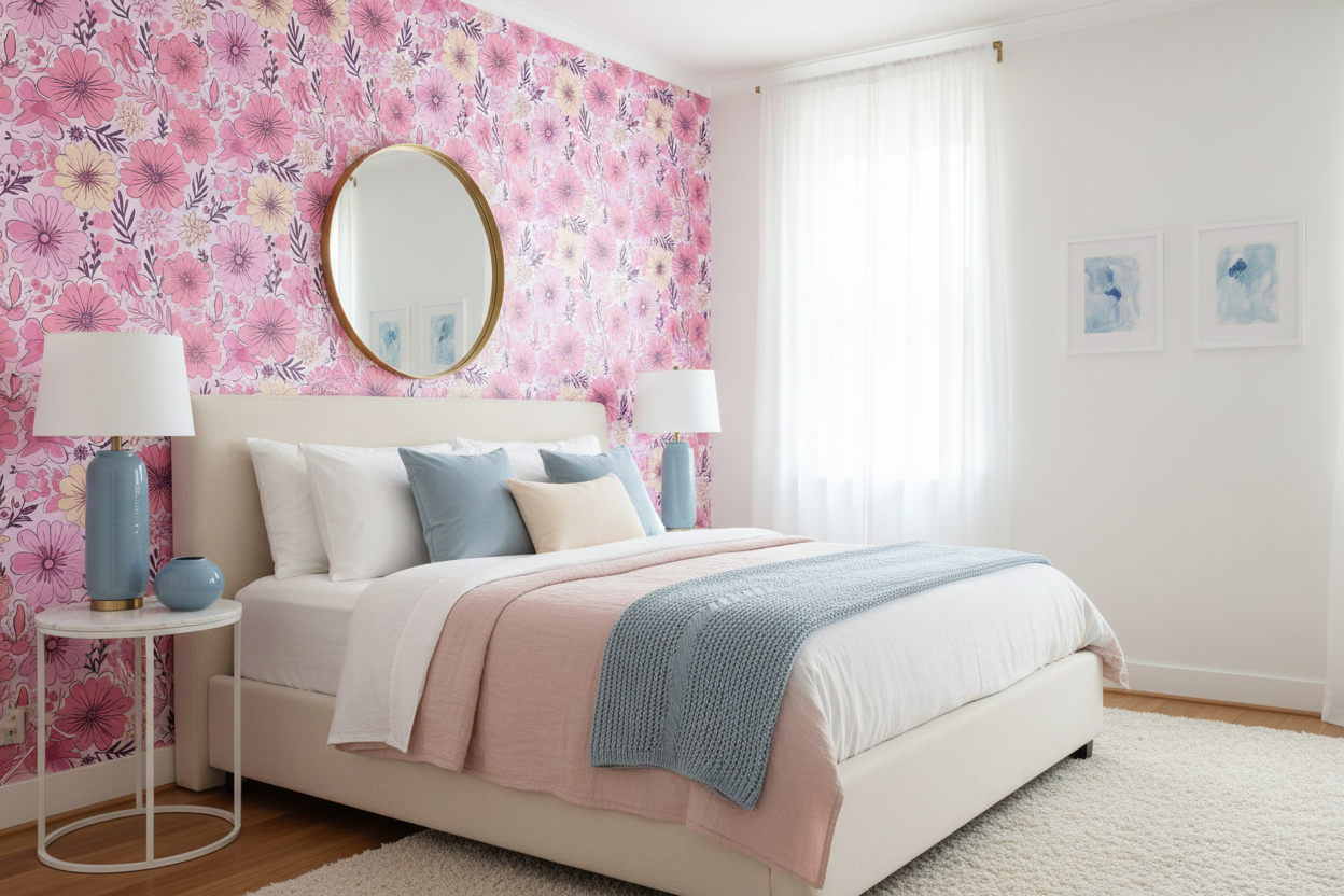 A modern airy bedroom featuring a pink floral statement wall as a headboard backdrop. The retro dahlia wallpaper is balanced by neutral cream bedding, duck-egg blue lamps, and light oak flooring, demonstrating a contemporary-romantic interior style.